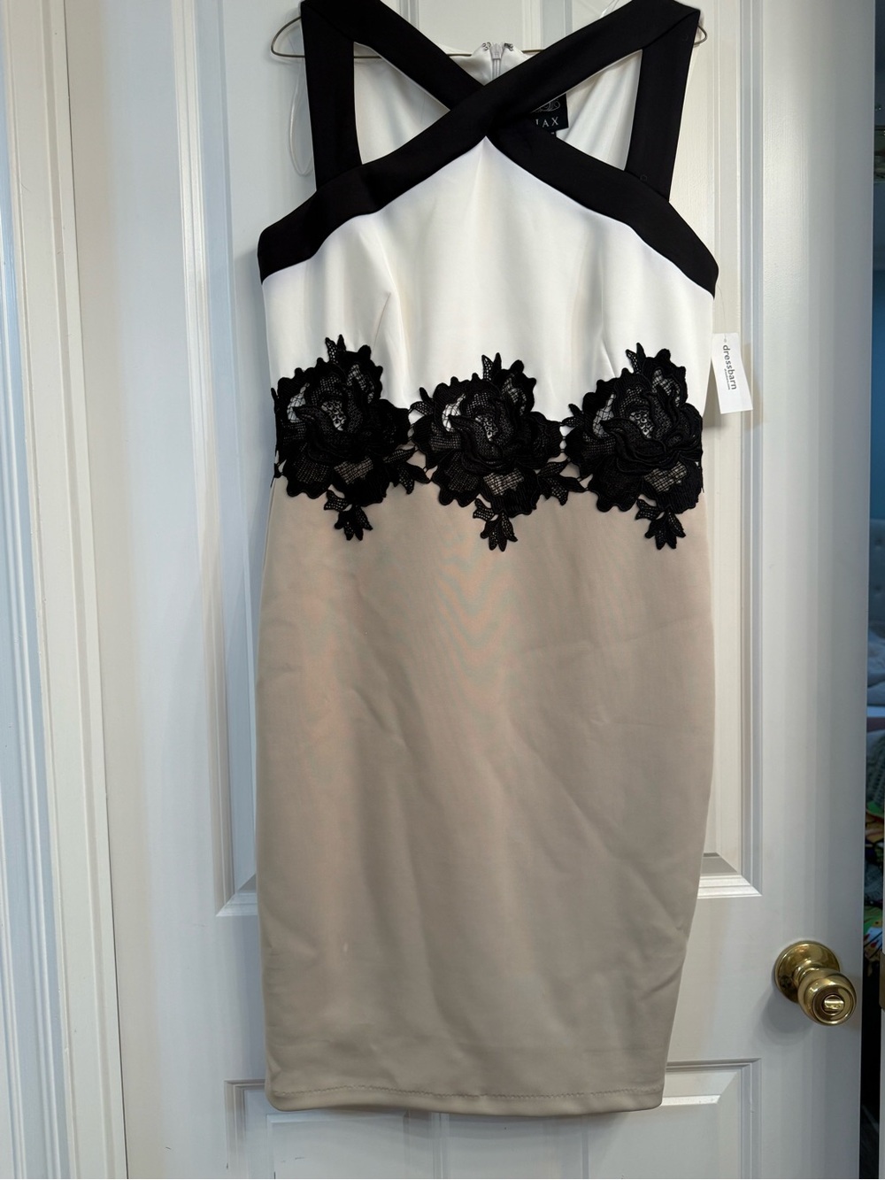 Dress Barn Sleeveless Colorblock Midi Dress in White, Black & Taupe